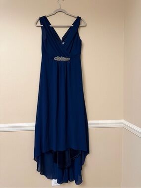 Source Unknown Navy Blue High-Low V-Neck Dress with Beaded Waist